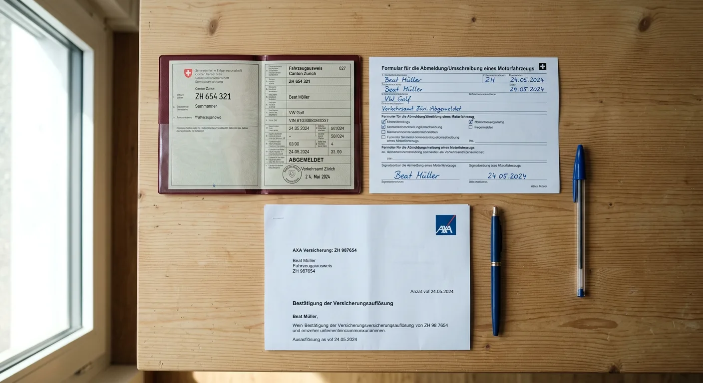 Flat-Lay der notwendigen Dokumente für die Fahrzeug-Abmeldung: Fahrzeugausweis, Abmeldeformular, Versicherungskündigung