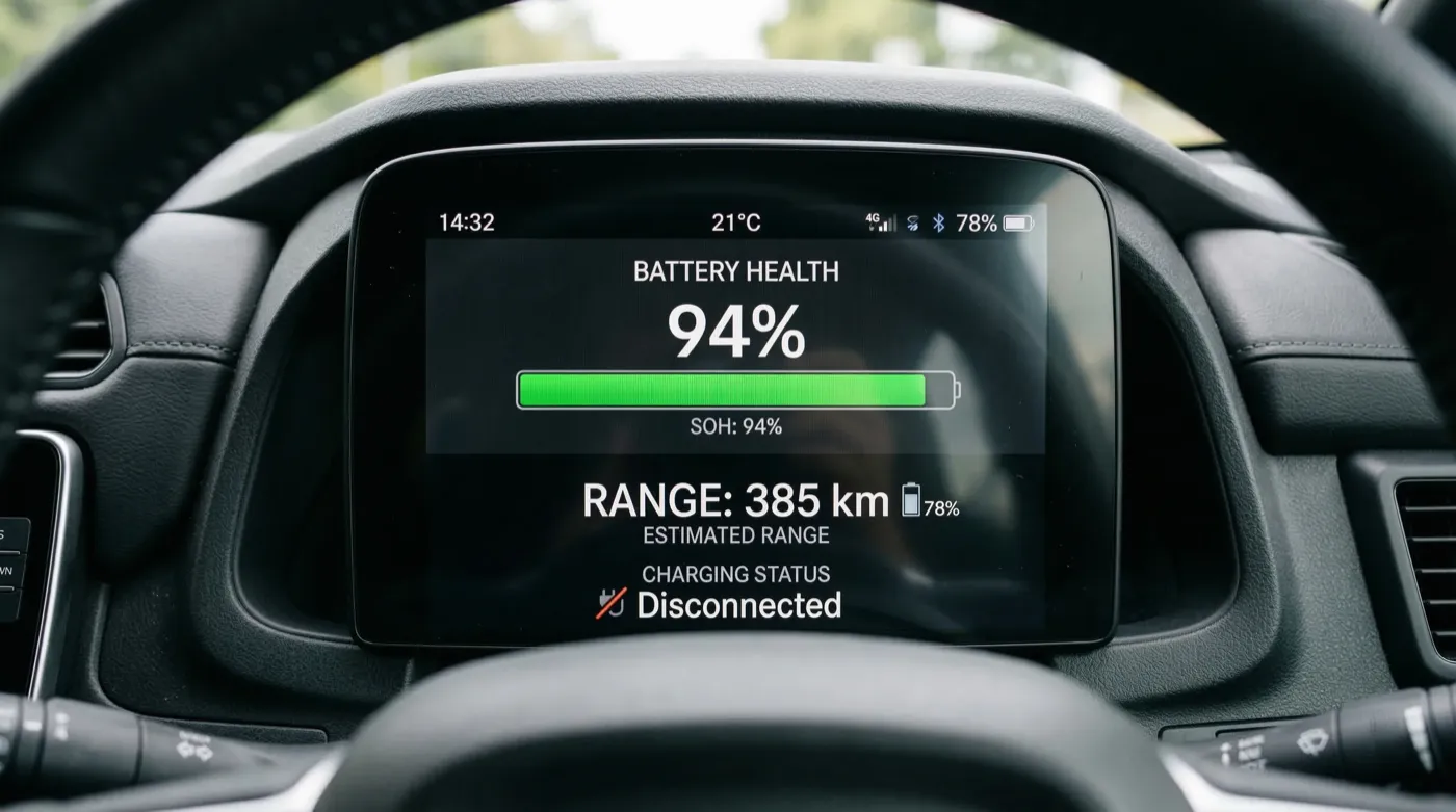 EV-Dashboard zeigt 94% Batteriegesundheit (SOH) und 385 km Reichweite – Batteriezustand beim Elektroauto-Verkauf prüfen