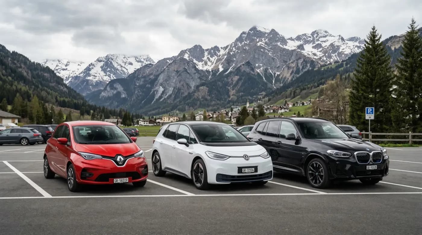 Drei Elektroautos im Vergleich vor Schweizer Alpen: roter Renault Zoe, weisser VW ID.3 und schwarzer BMW iX3 – beliebte Elektroauto-Modelle in der Schweiz