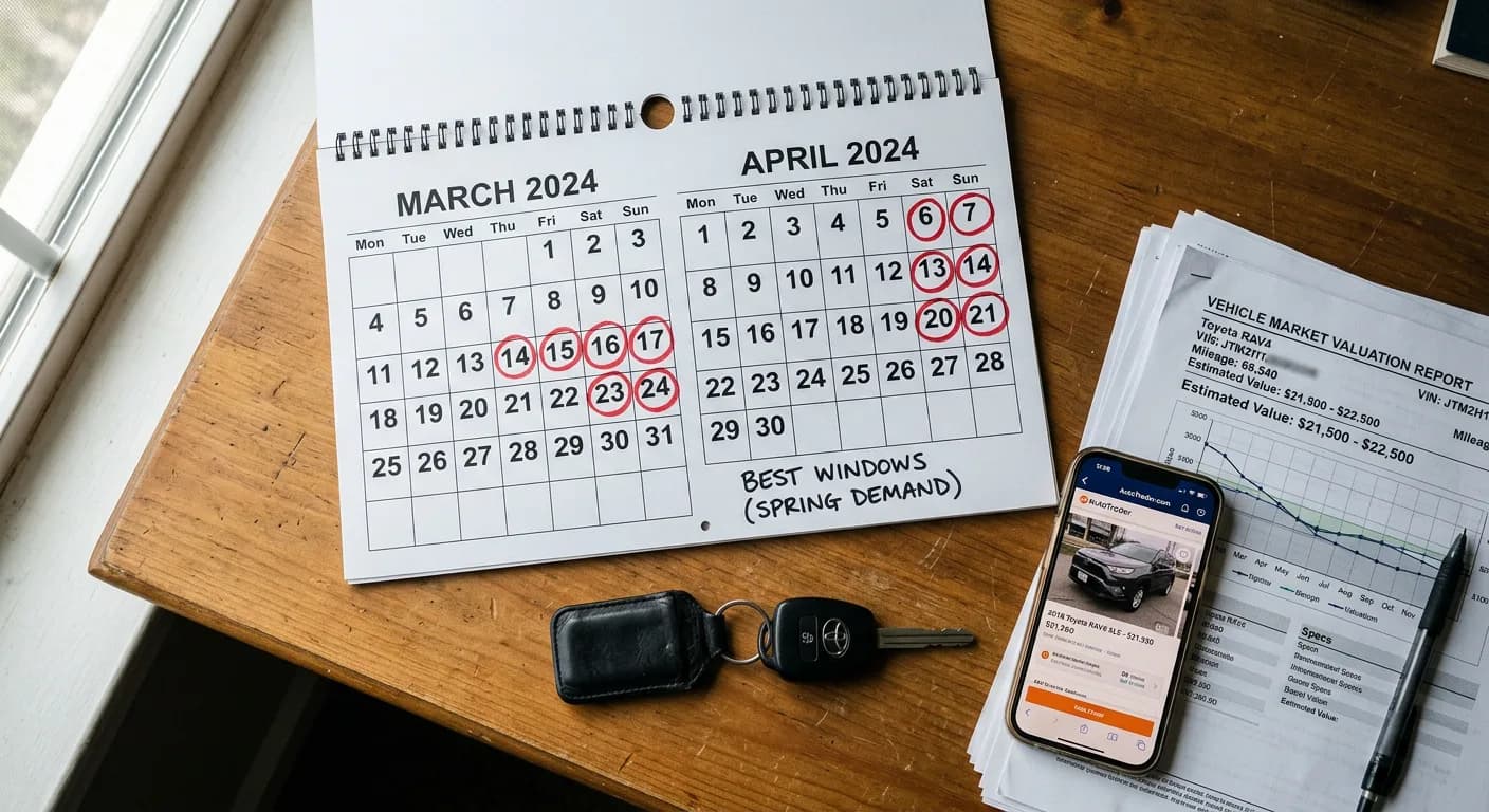 Flat-Lay eines Kalenders mit markierten optimalen Verkaufszeitpunkten, Autoschlüssel und Bewertungsbericht