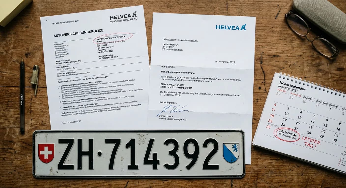 Flat-Lay der Versicherungskündigungs-Dokumente: Police, Kündigungsbestätigung, Kalender mit Fristdatum