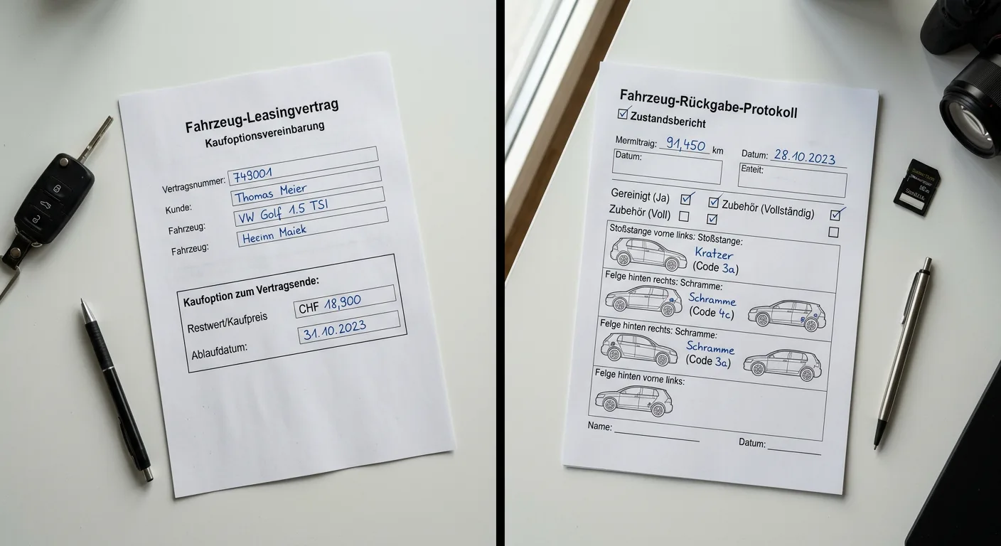 Flat-Lay-Vergleich: Leasing-Rückkauf-Unterlagen links versus Rückgabe-Checkliste rechts