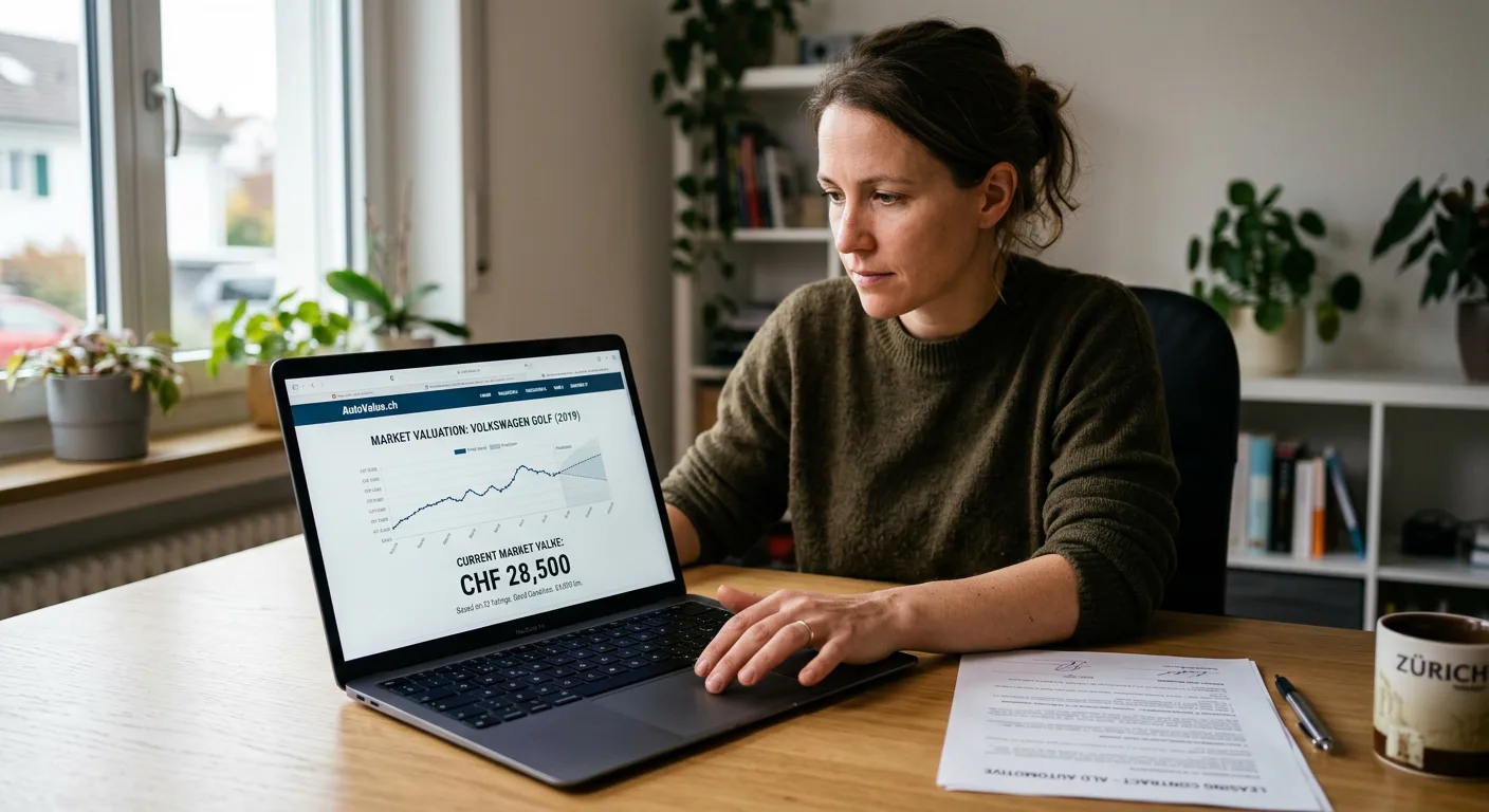 Person prüft den Marktwert des Leasingfahrzeugs auf einem Laptop neben dem Leasingvertrag