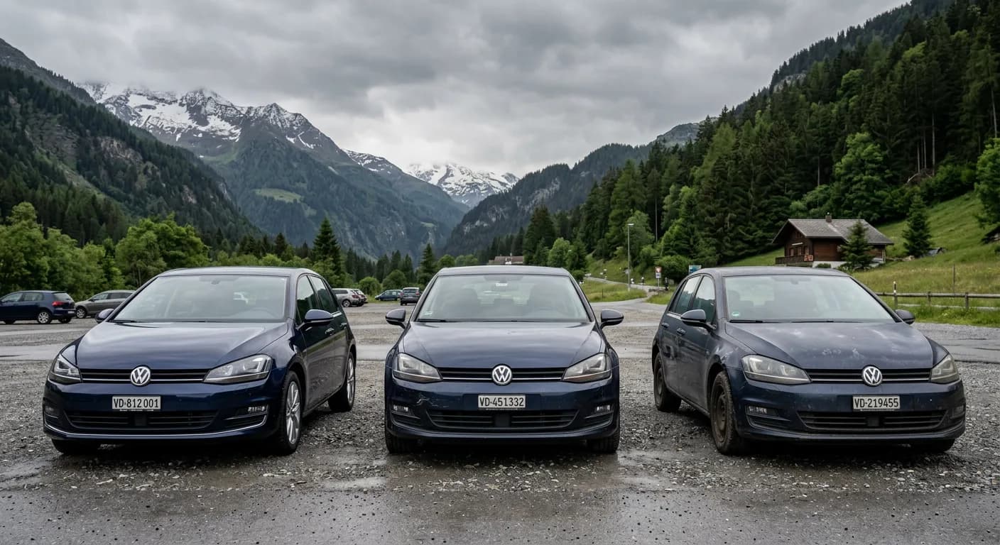 Drei VW Golf verschiedenen Alters nebeneinander — visueller Vergleich des Wertverlusts über die Jahre