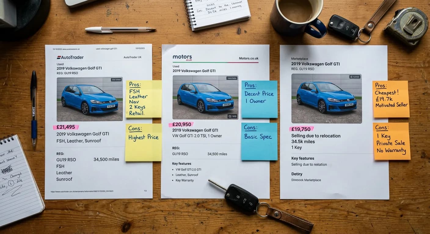 Ausdrucke von Auto-Inseraten verschiedener Plattformen nebeneinander zum Vergleich auf dem Schreibtisch