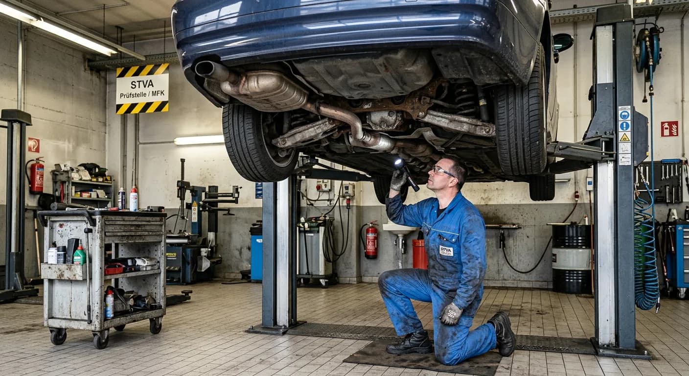 Techniker prüft den Unterboden eines Autos auf der Hebebühne bei der MFK-Inspektion