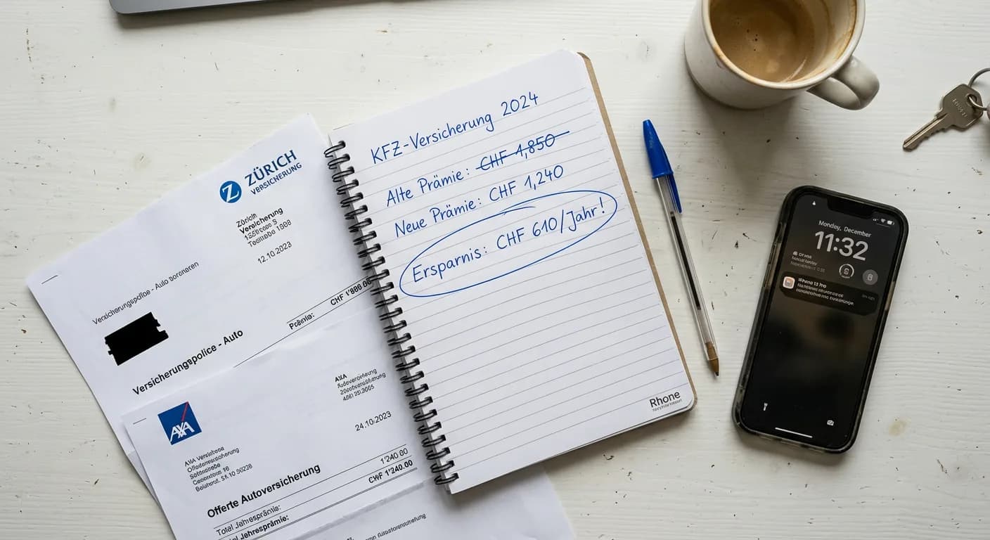 Flat-Lay einer Versicherungs-Ersparnis-Berechnung: alte vs. neue Prämie mit CHF 610 Ersparnis pro Jahr