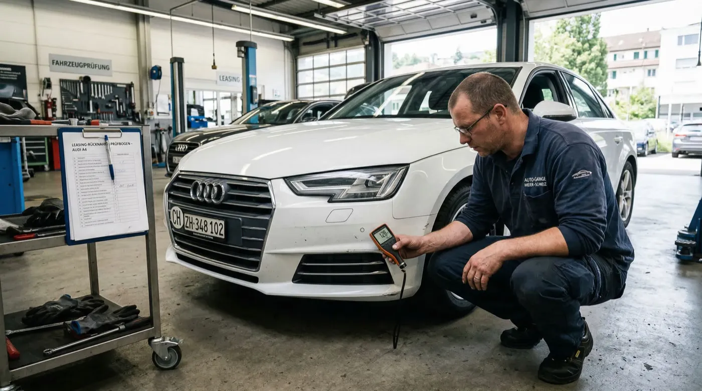 Techniker prüft die Lackdicke eines Audi mit einem Messgerät vor der Leasing-Rückgabe in der Schweiz