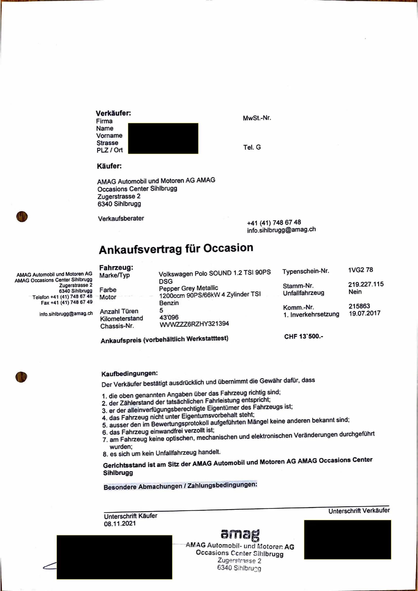 Ankaufsvertrag AMAG Occasions Center – Verkaufspreis CHF 13'500