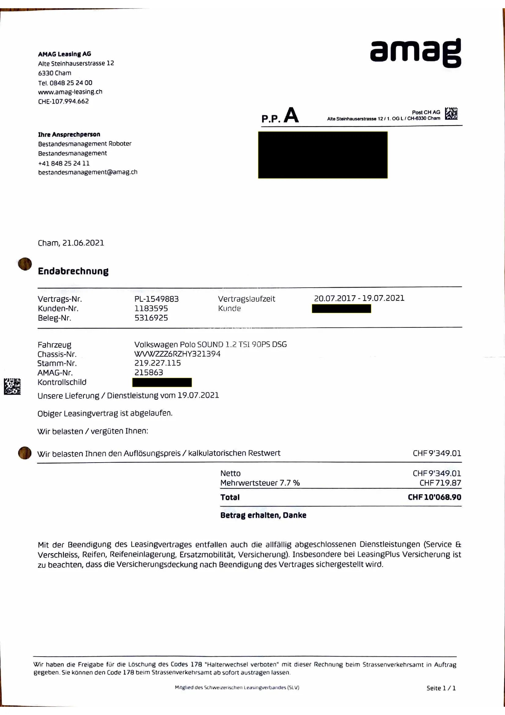 AMAG Leasing Endabrechnung – Rückkauf zum Restwert CHF 10'068.90