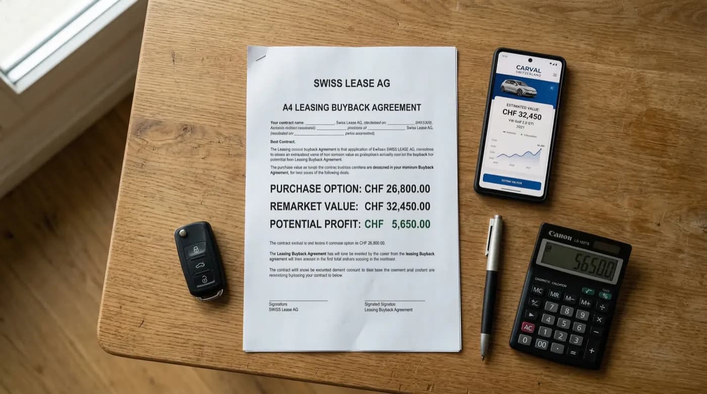 Flat-Lay mit Rückkaufvertrag, CHF-Beträgen, Smartphone, Taschenrechner und Autoschlüssel zur Gewinnberechnung beim Leasing-Rückkauf