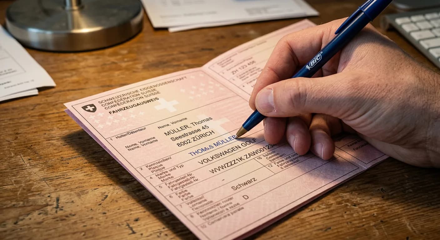 Nahaufnahme eines Schweizer Fahrzeugausweises der beim Halterwechsel ausgefüllt wird