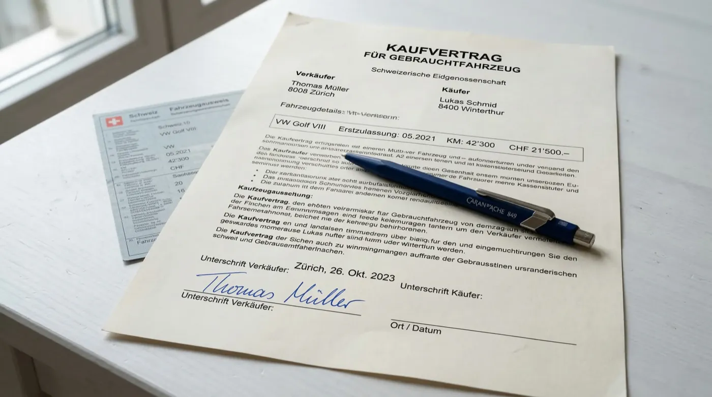 Nahaufnahme eines Schweizer Auto-Kaufvertrags mit blauer Tintenunterschrift, Kugelschreiber und Fahrzeugausweis auf dem Tisch