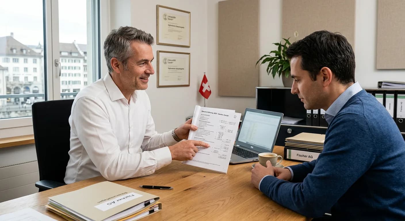 Beratungsgespräch mit einem Schweizer Steuerberater zum Thema Autoverkauf und Steuerpflicht